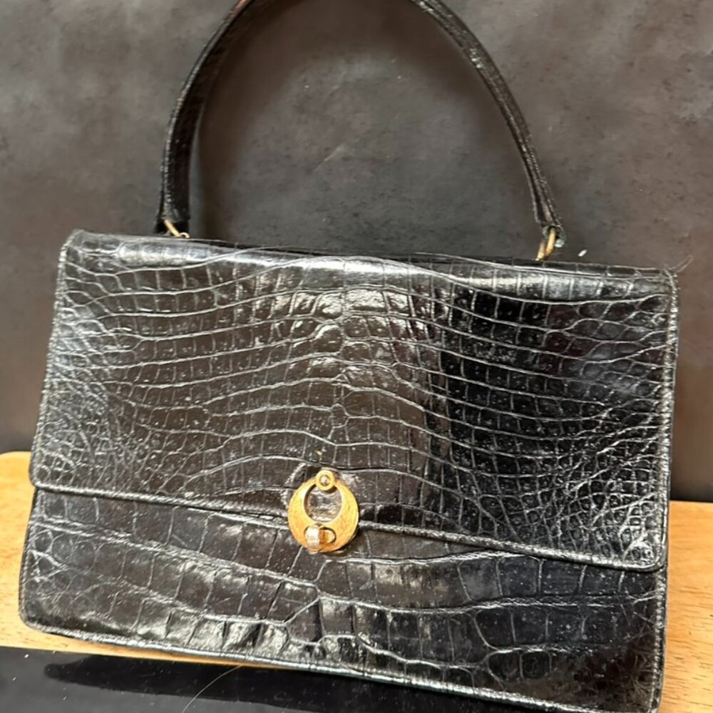Vintage "Made in France" Glossy Crocodile Top-Handle Bag